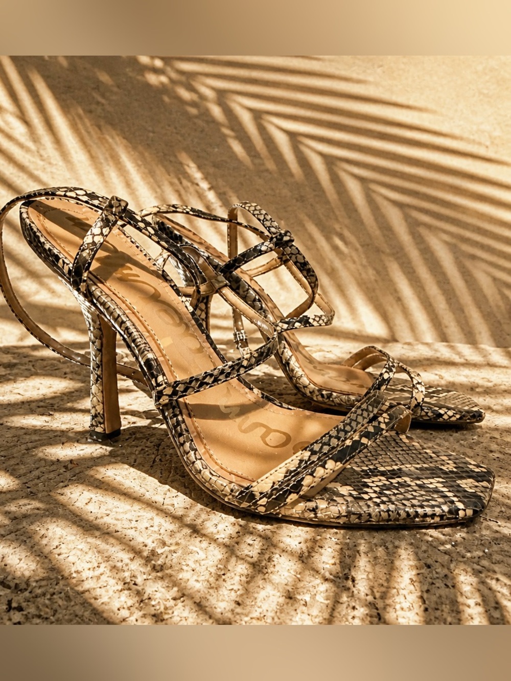 Sam Edelman Snake-Print Strappy Heels in Black and Beige